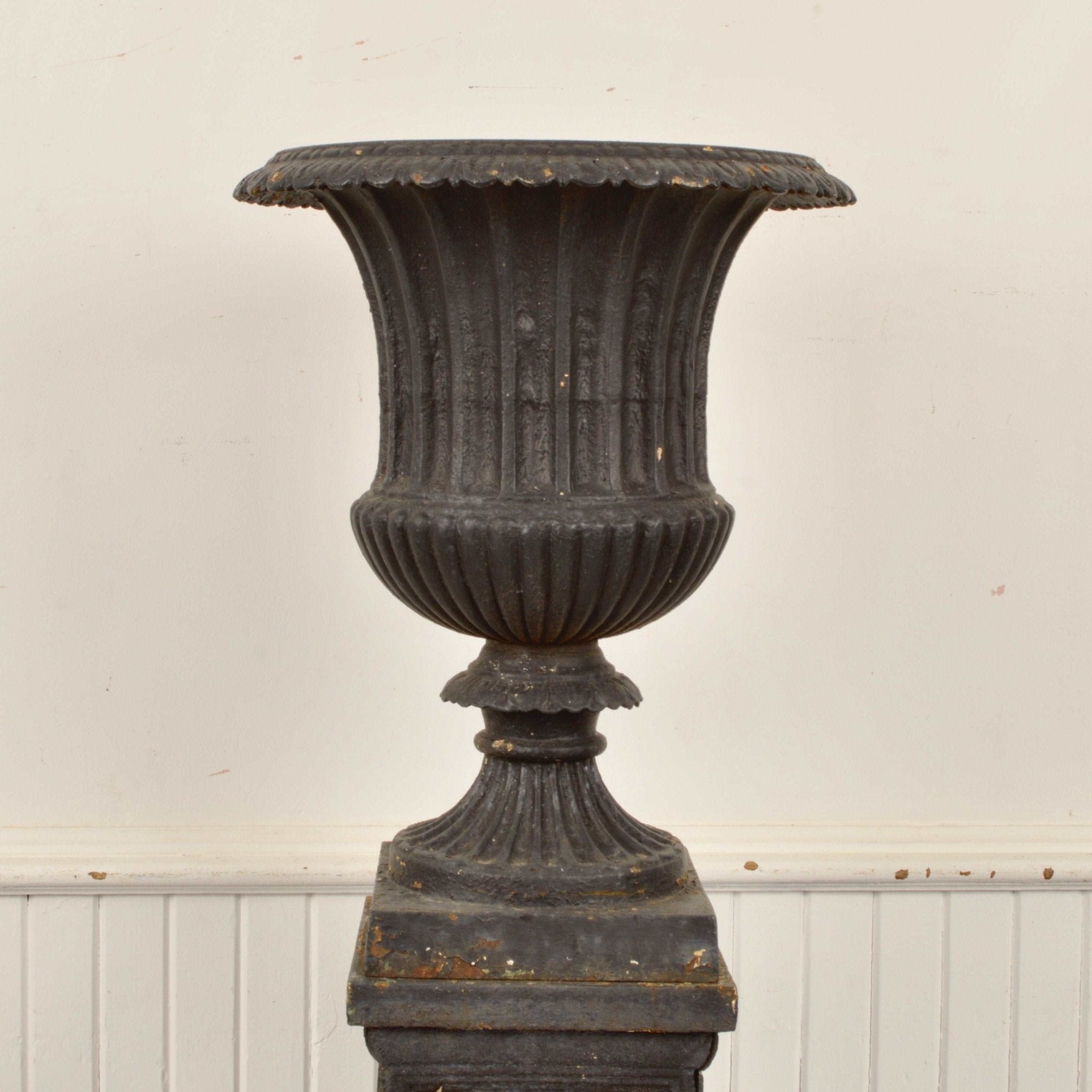 Antique Cast Iron Campana Style Urn With Plinth - Salvage-Garden