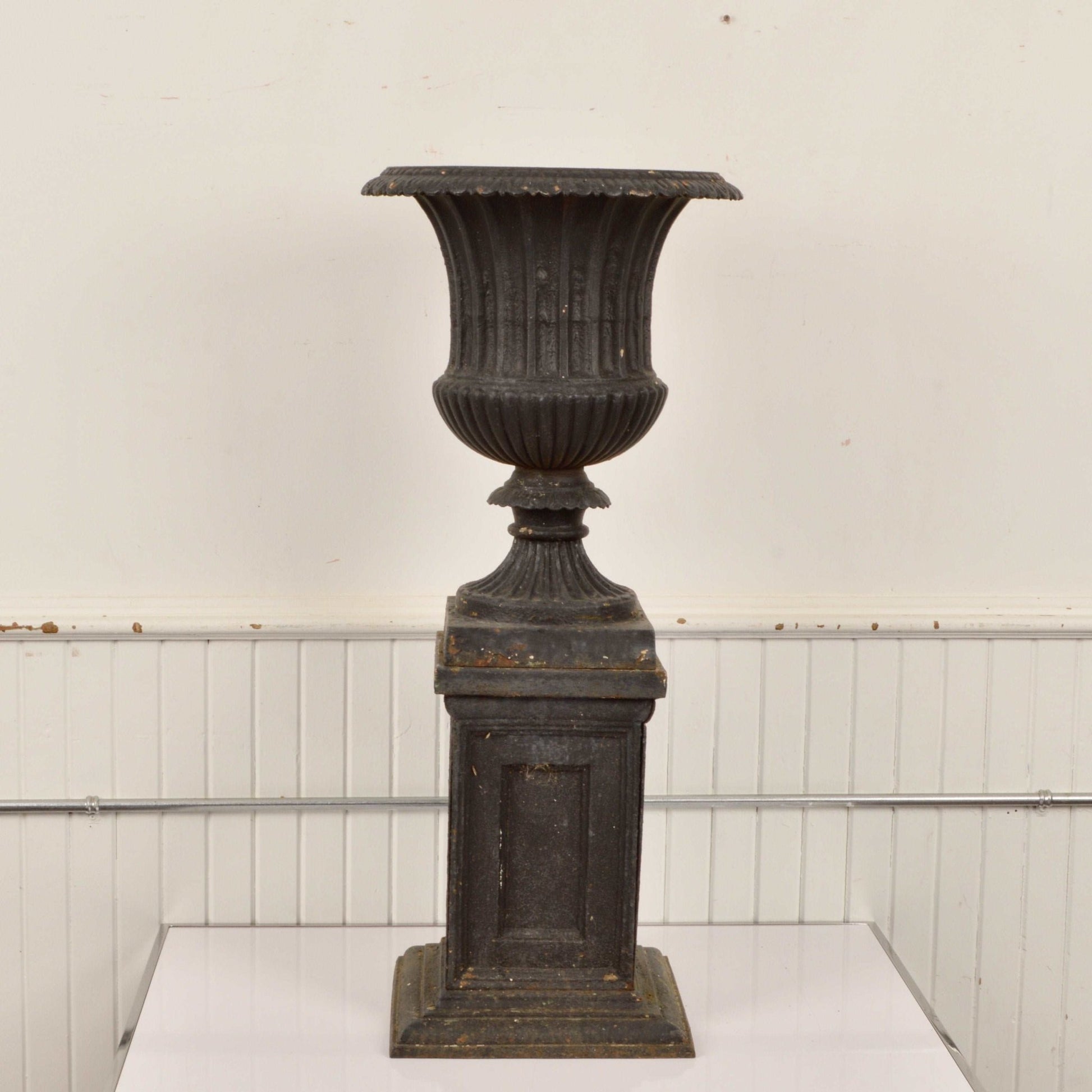 Antique Cast Iron Campana Style Urn With Plinth - Salvage-Garden