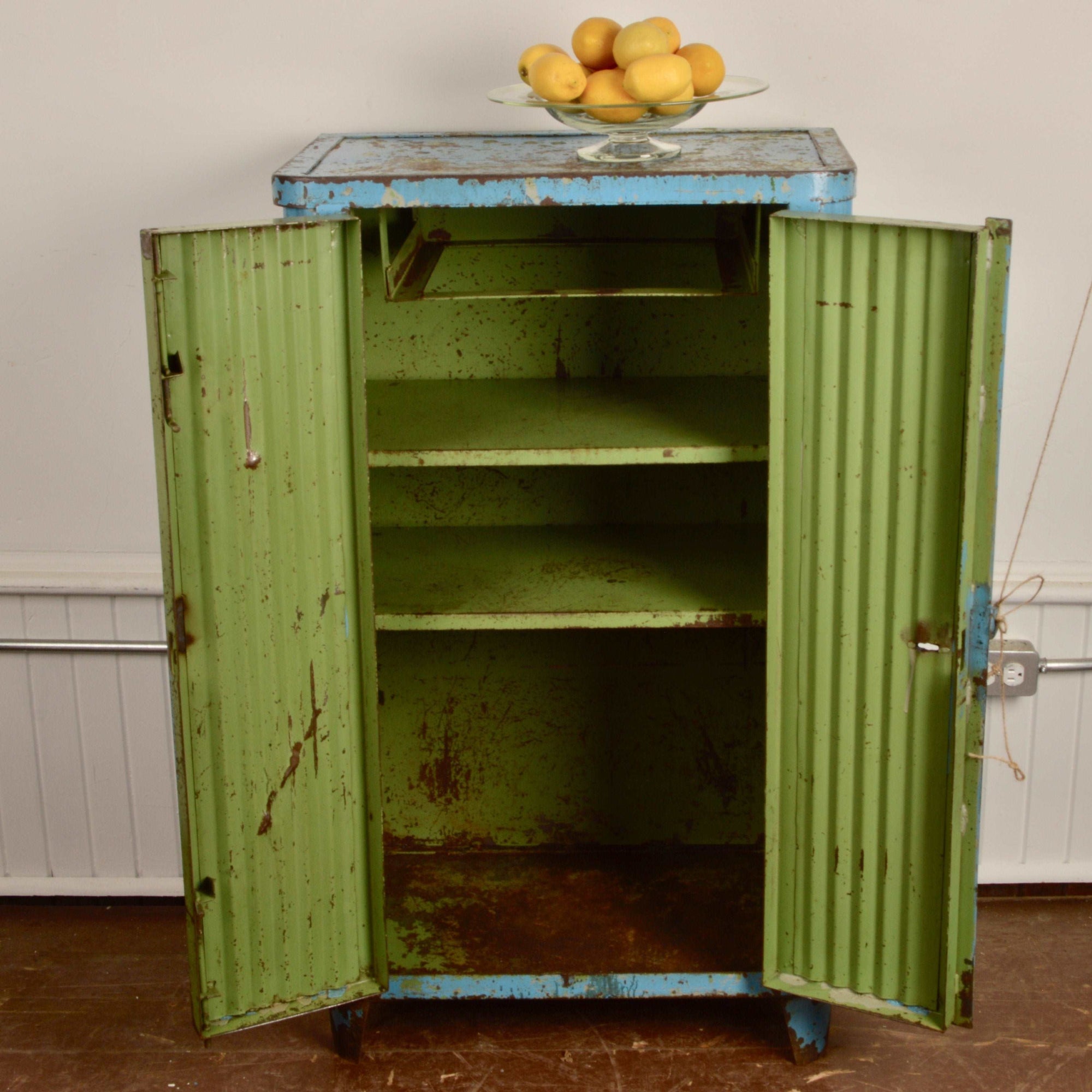 Antique European Industrial Corrugated Metal Cabinet Salvage-Garden
