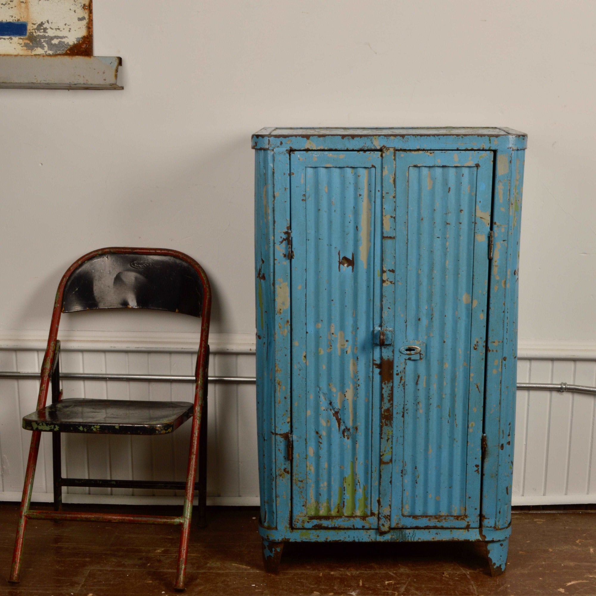 Antique European Industrial Corrugated Metal Cabinet Salvage-Garden