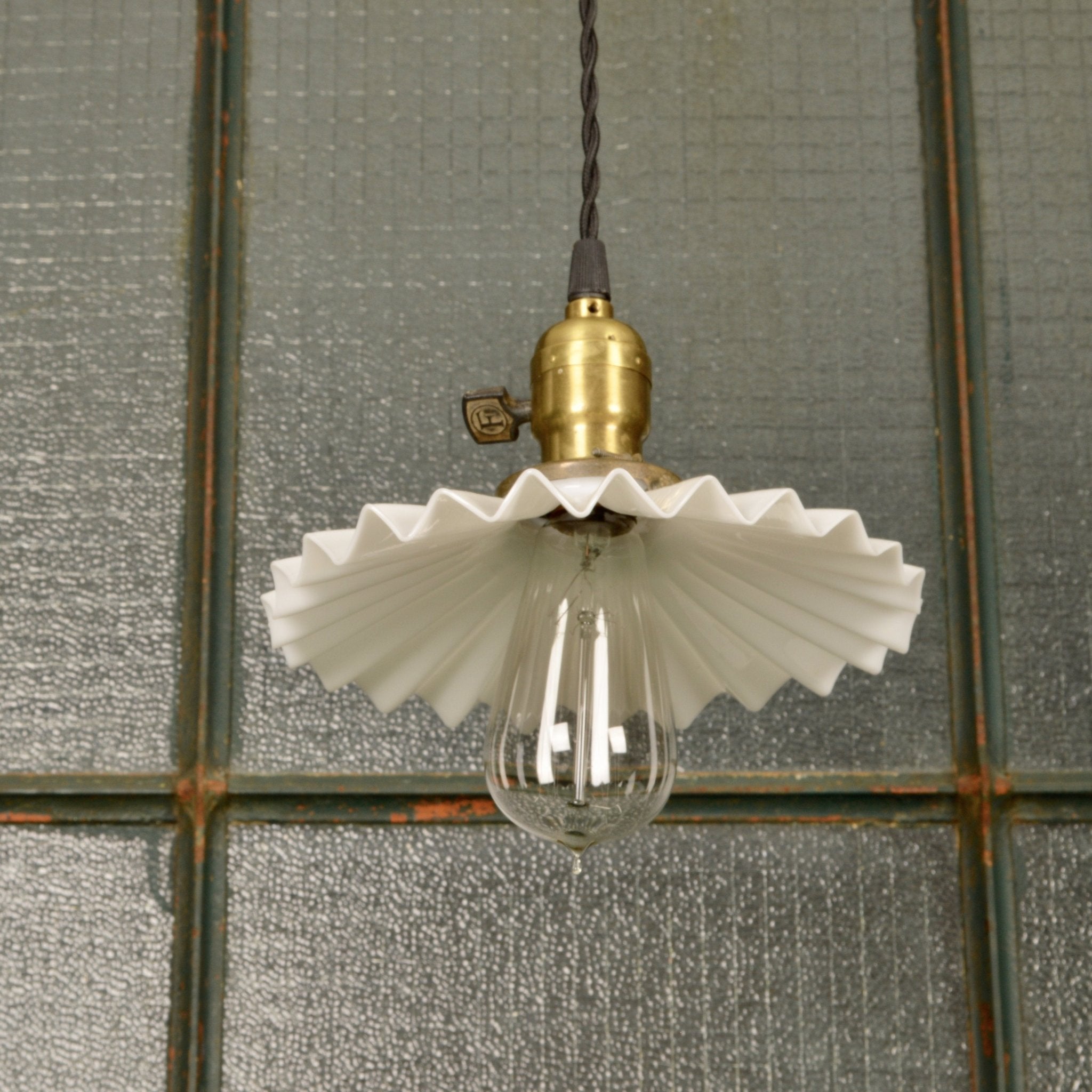 Antique Industrial Light With Brass Socket and Crimped Milk Glass Shade - Salvage-Garden