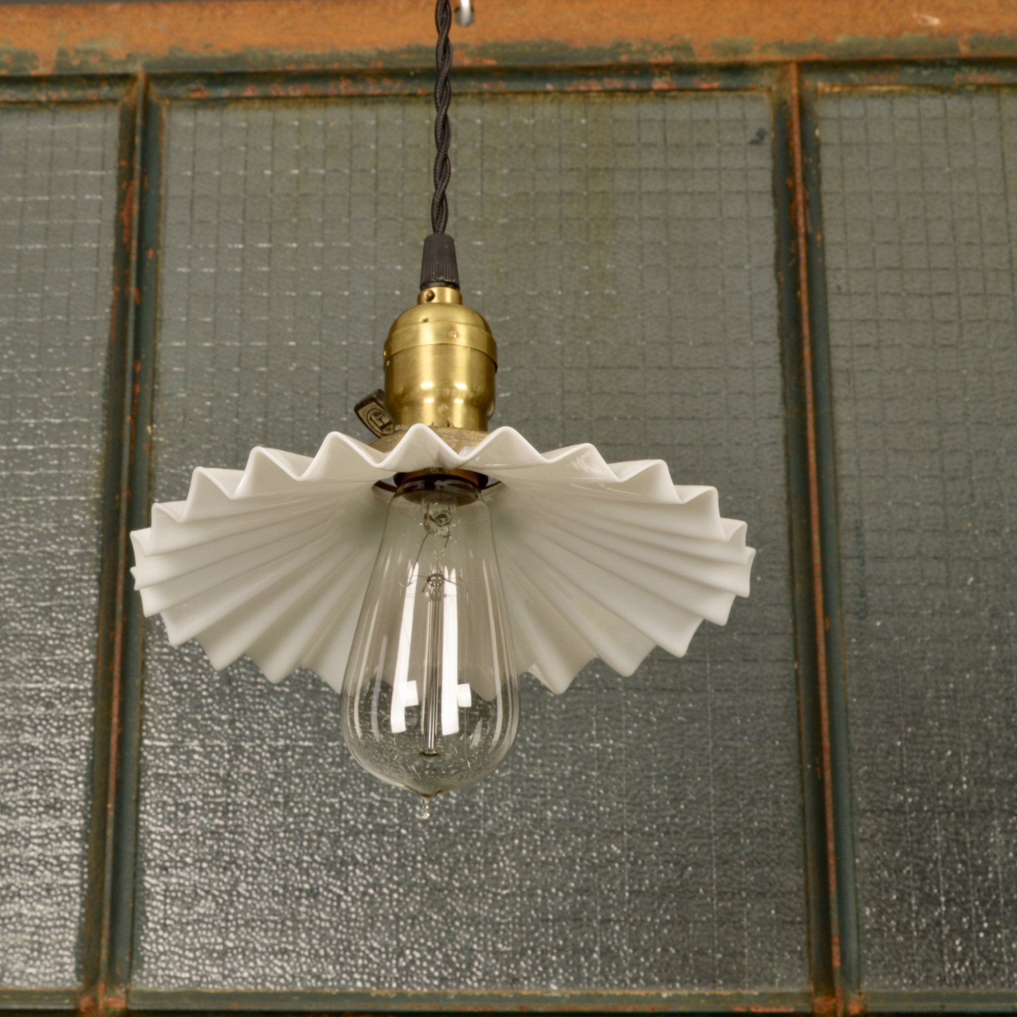 Antique Industrial Light With Brass Socket and Crimped Milk Glass Shade - Salvage-Garden