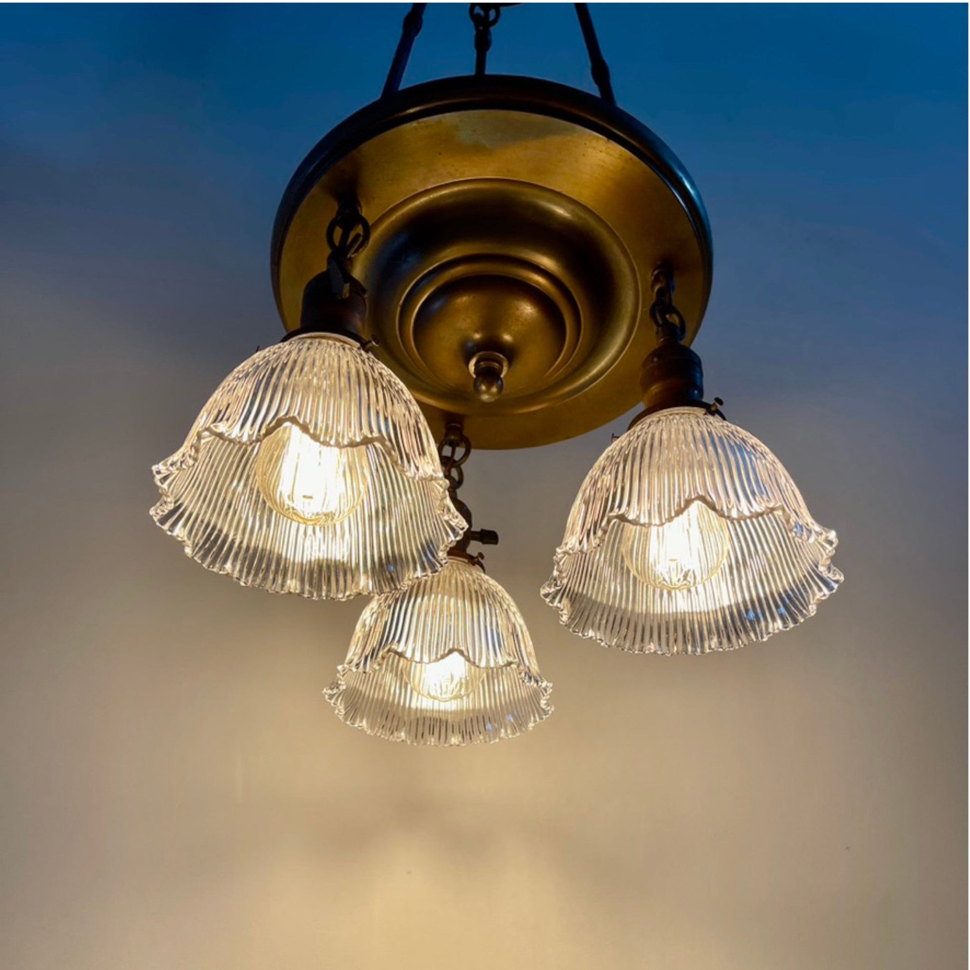 Antique Pan Chandelier With Holophane Shades - Salvage-Garden