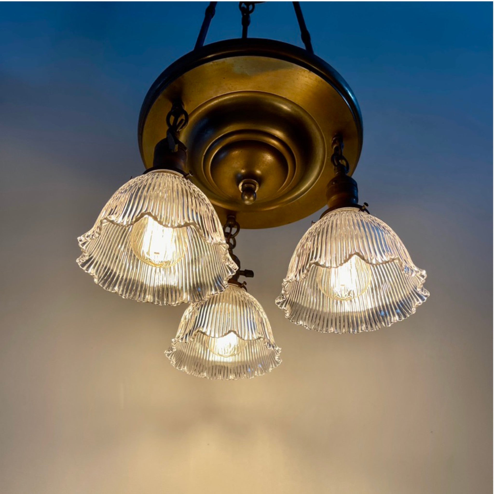 Antique Pan Chandelier With Holophane Shades - Salvage-Garden