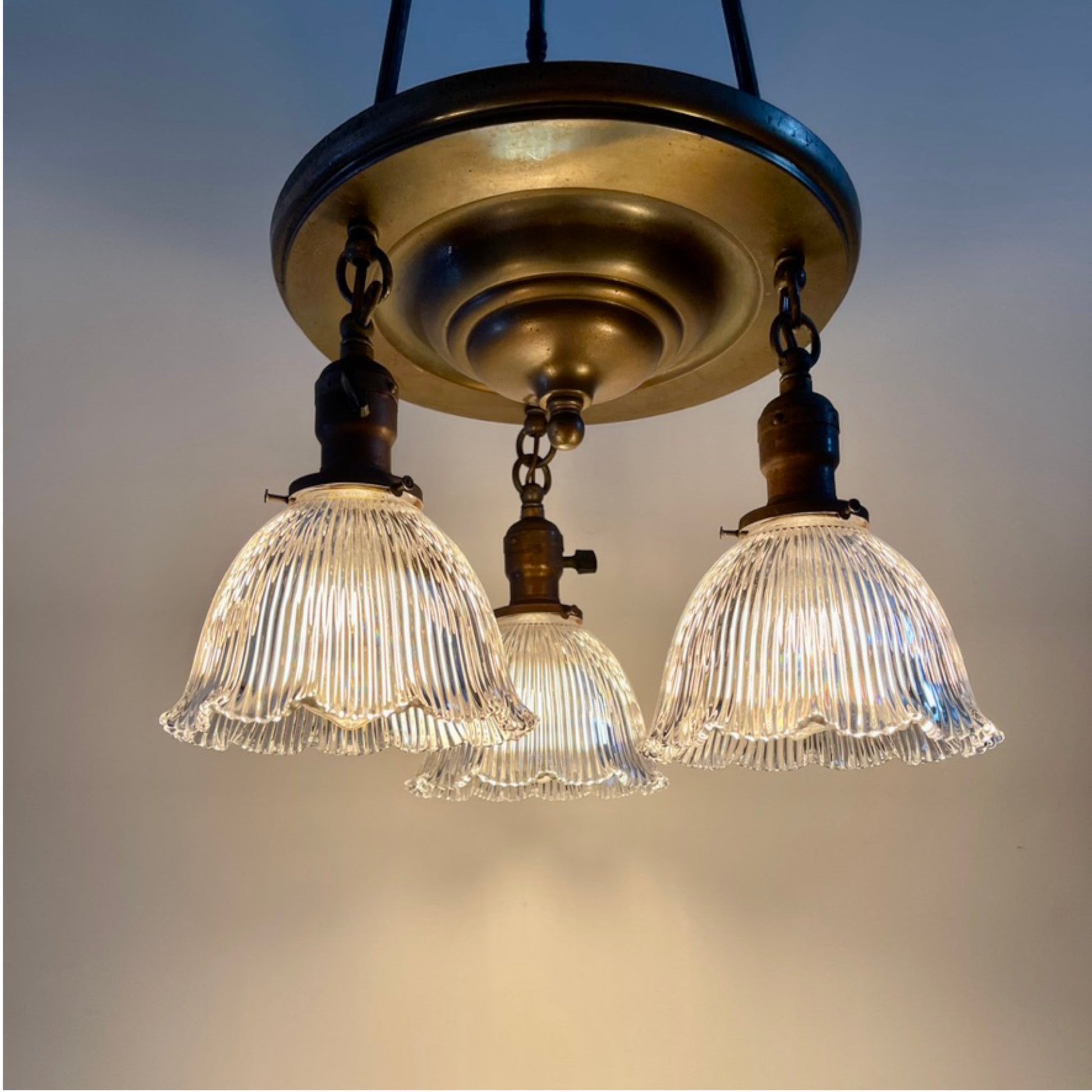 Antique Pan Chandelier With Holophane Shades - Salvage-Garden