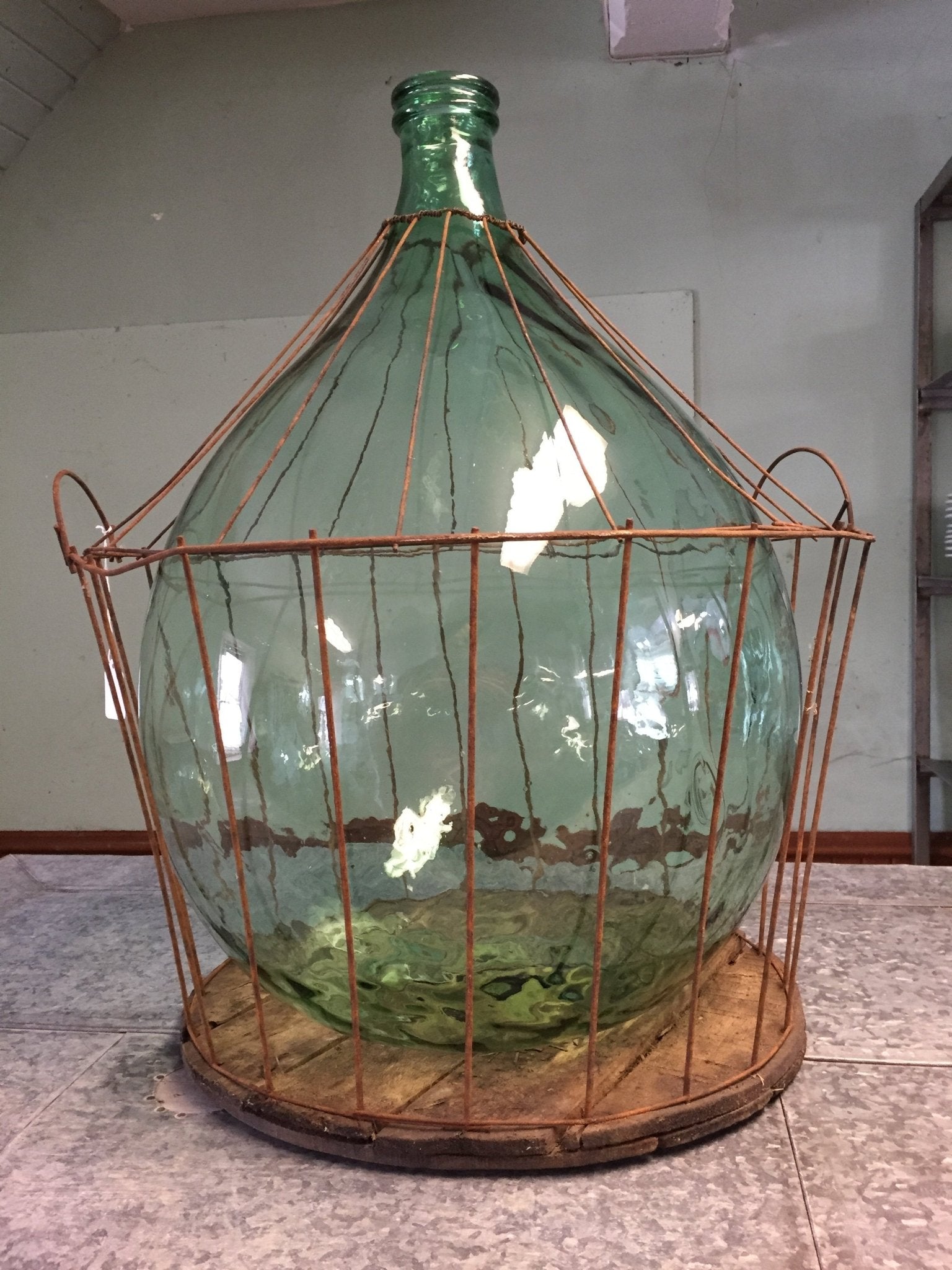 Carboy With Wood And Wire Basket - Salvage-Garden