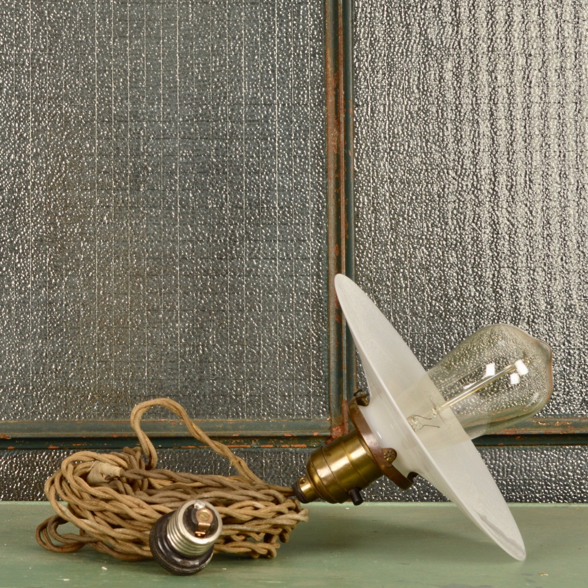 Early Industrial Light with Brass Socket and Milk Glass Shade - Salvage-Garden