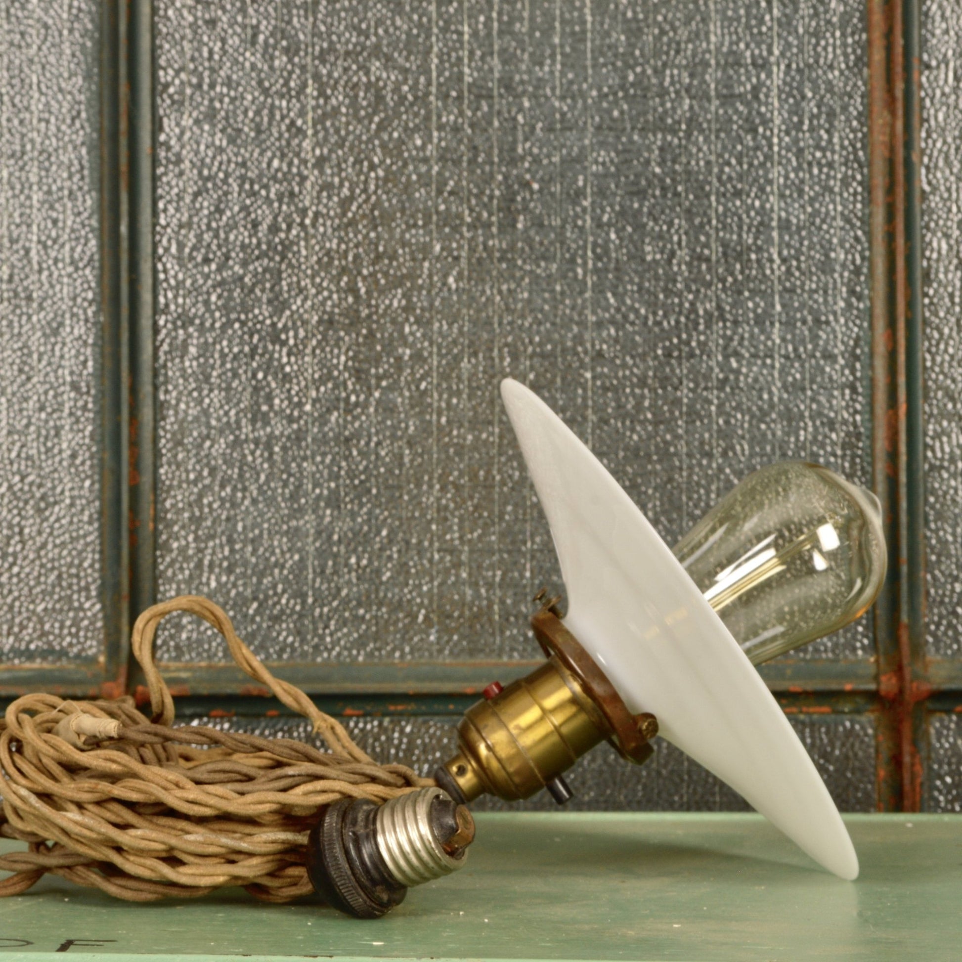 Early Industrial Light with Brass Socket and Milk Glass Shade - Salvage-Garden