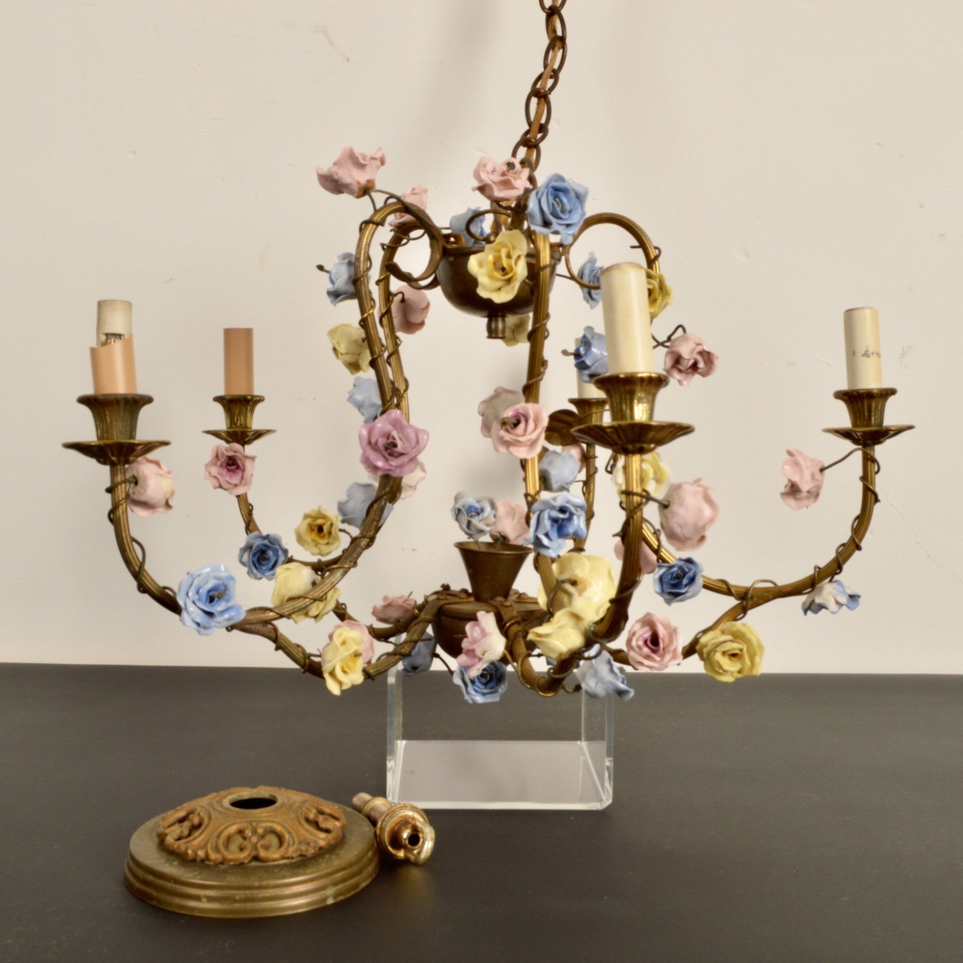 French Chandelier with Porcelain Roses - Salvage-Garden