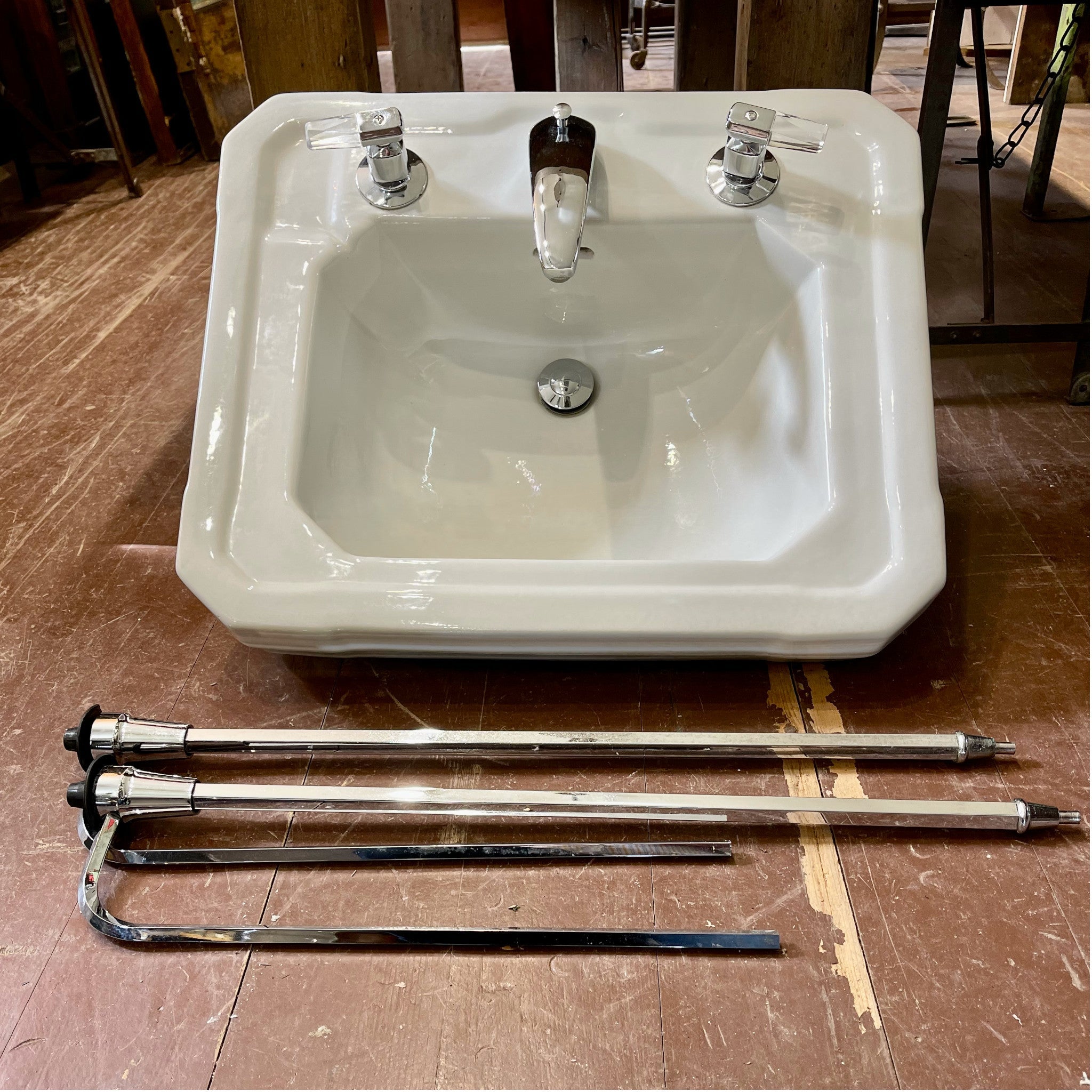 MCM Ceramic Sink With Chrome Plated Brass Legs and Towel Bars - Salvage-Garden