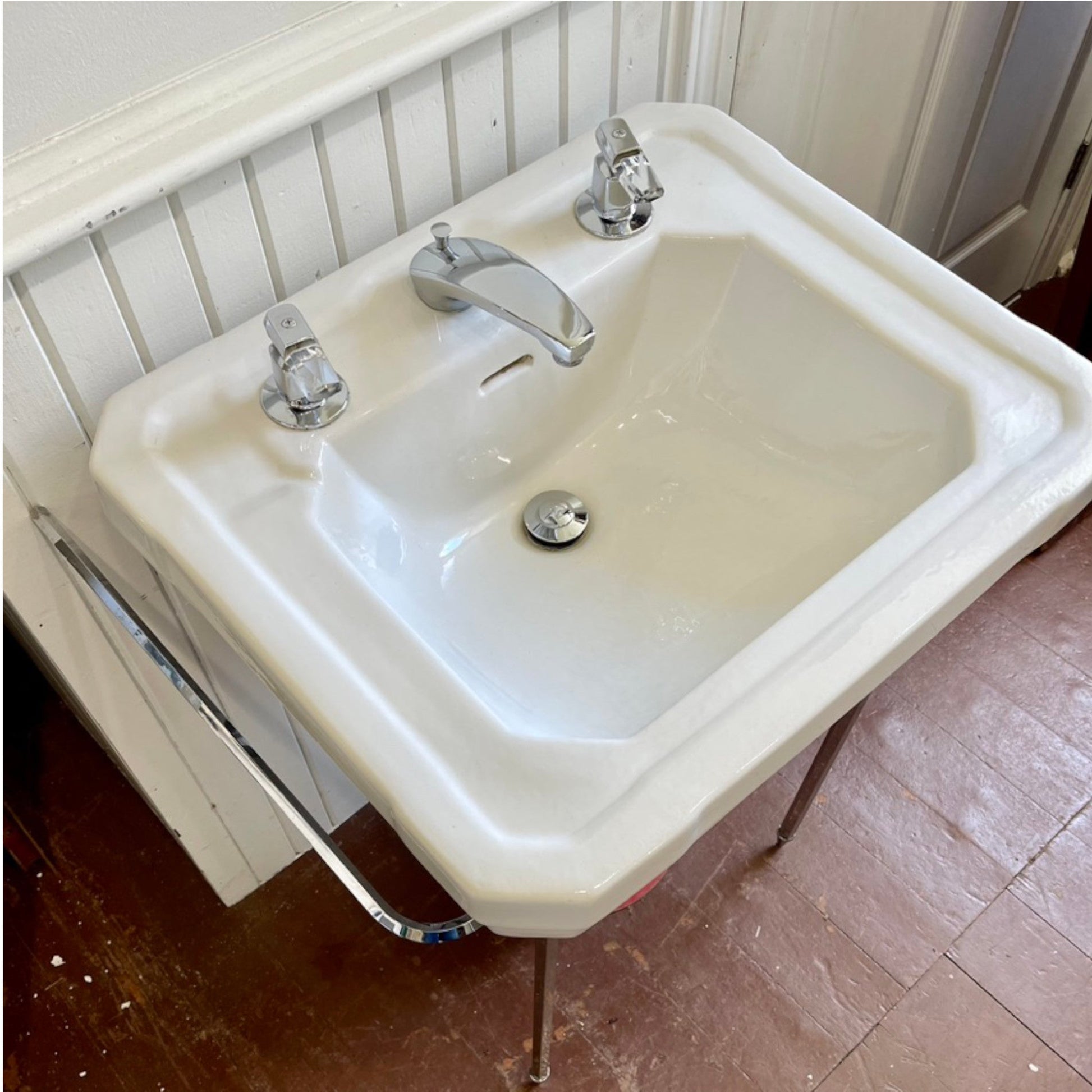 MCM Ceramic Sink With Chrome Plated Brass Legs and Towel Bars - Salvage-Garden