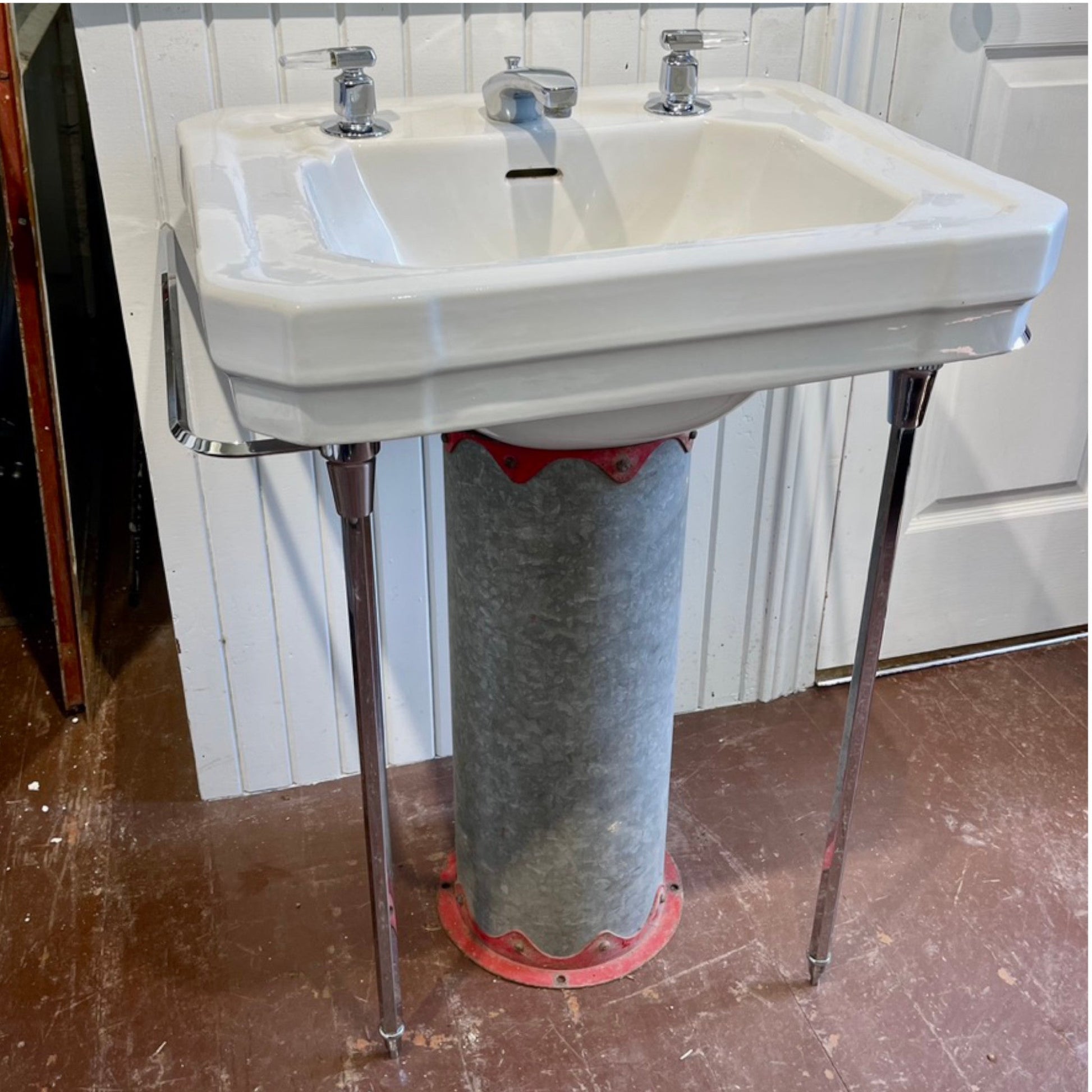 MCM Ceramic Sink With Chrome Plated Brass Legs and Towel Bars - Salvage-Garden