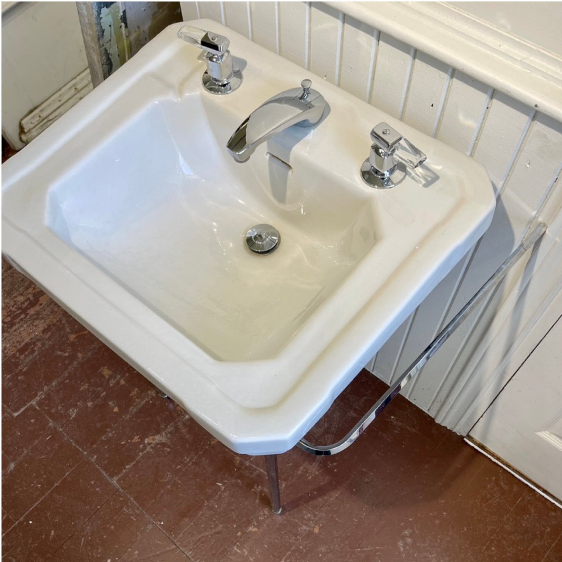 MCM Ceramic Sink With Chrome Plated Brass Legs and Towel Bars - Salvage-Garden