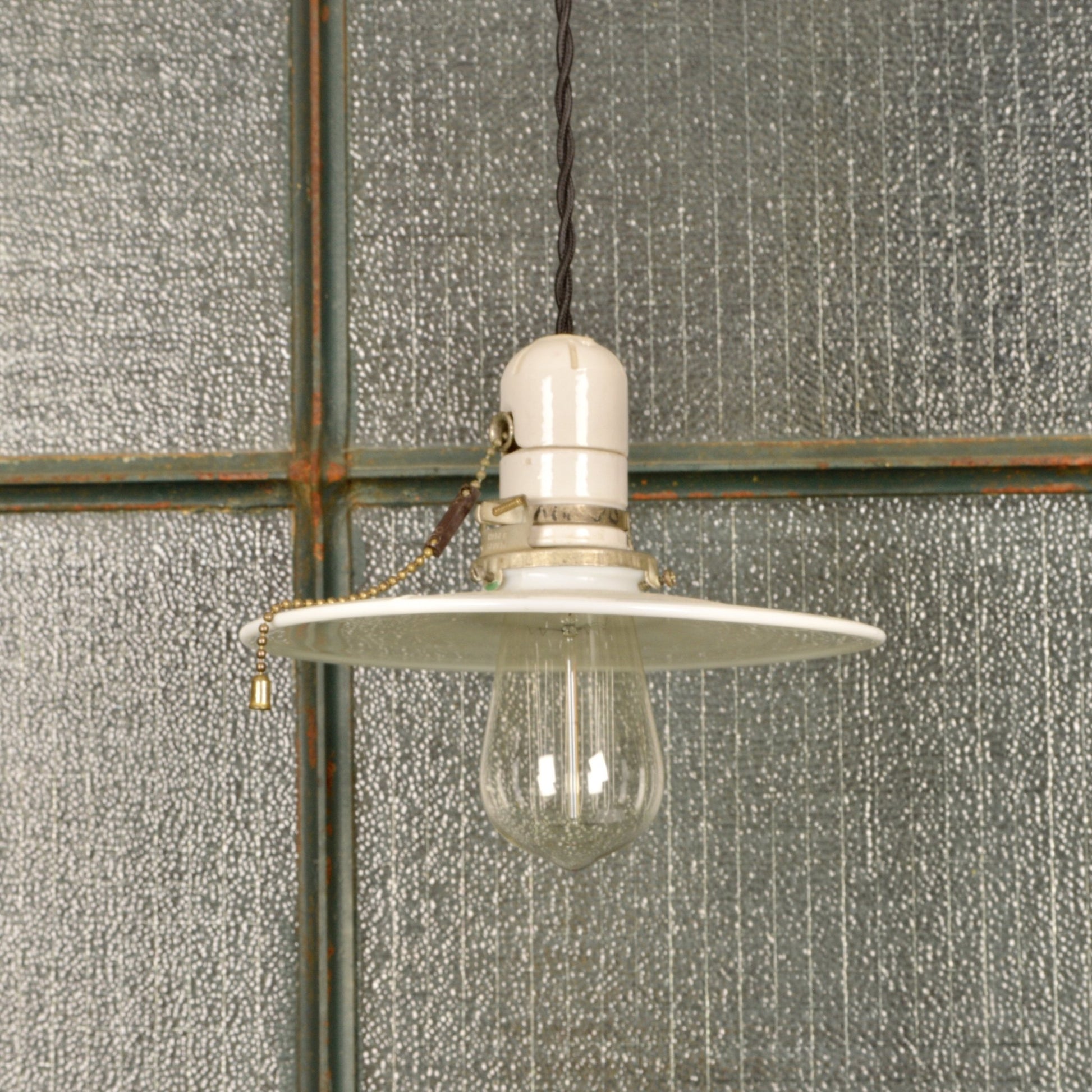 Moulded Milk Glass Industrial Light With Ceramic Socket - Salvage-Garden