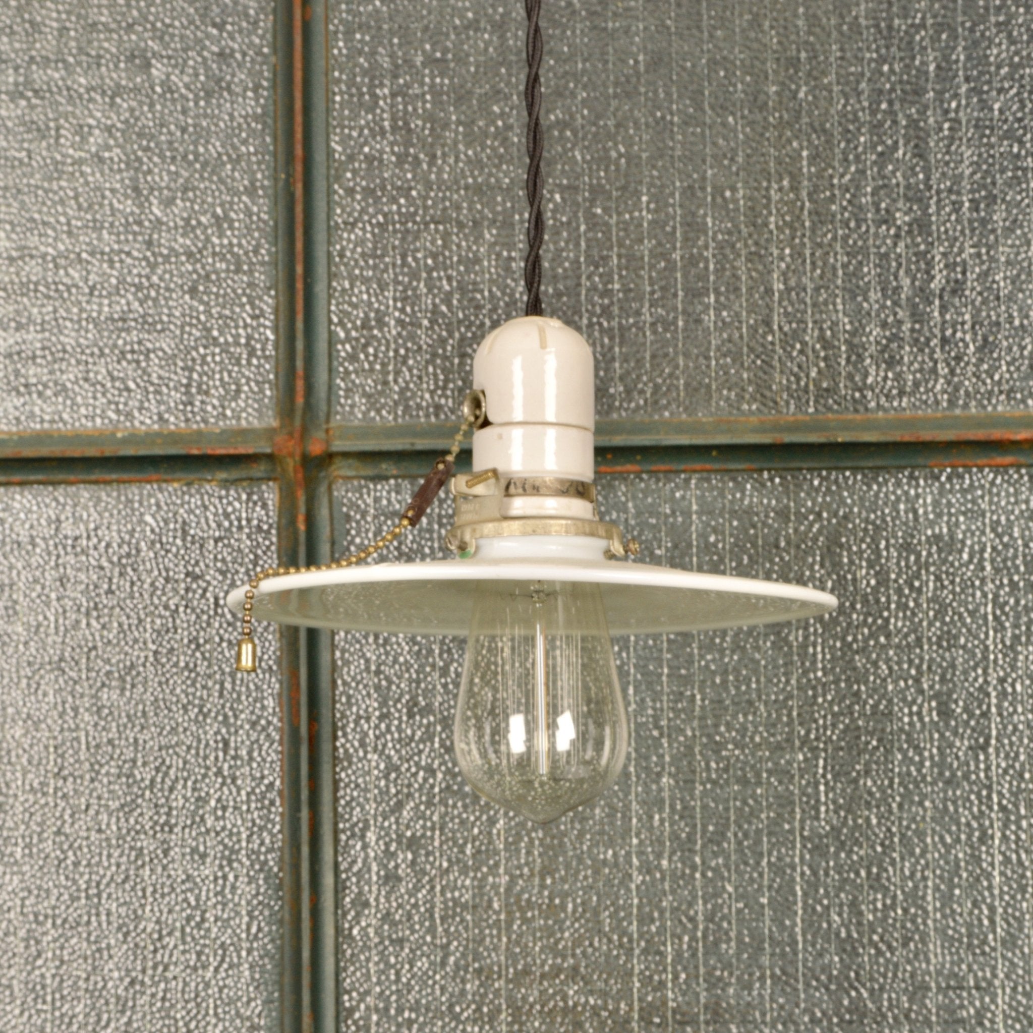 Moulded Milk Glass Industrial Light With Ceramic Socket - Salvage-Garden