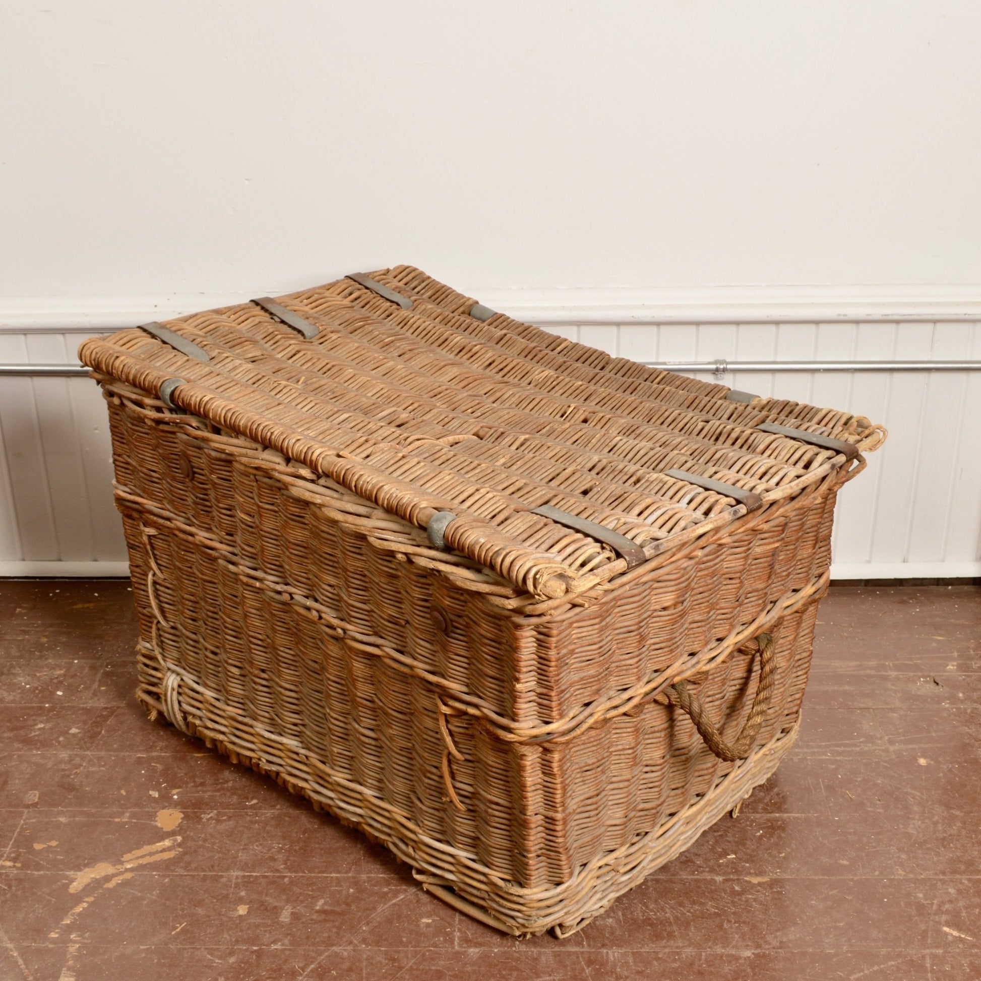 Oversized Wicker Shipping Trunk w. Zinc Plated Hardware - Salvage-Garden