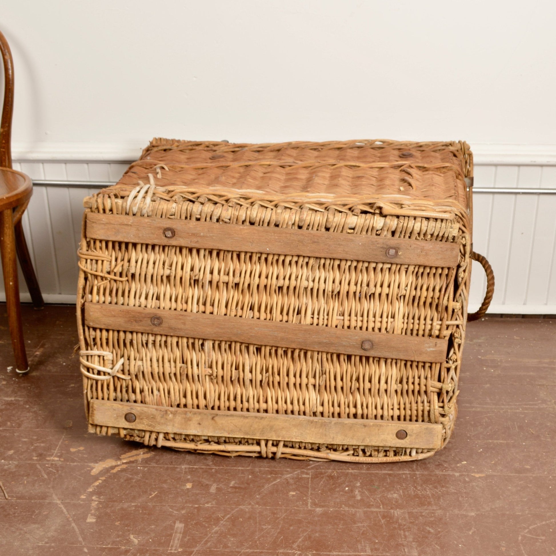 Oversized Wicker Shipping Trunk w. Zinc Plated Hardware - Salvage-Garden