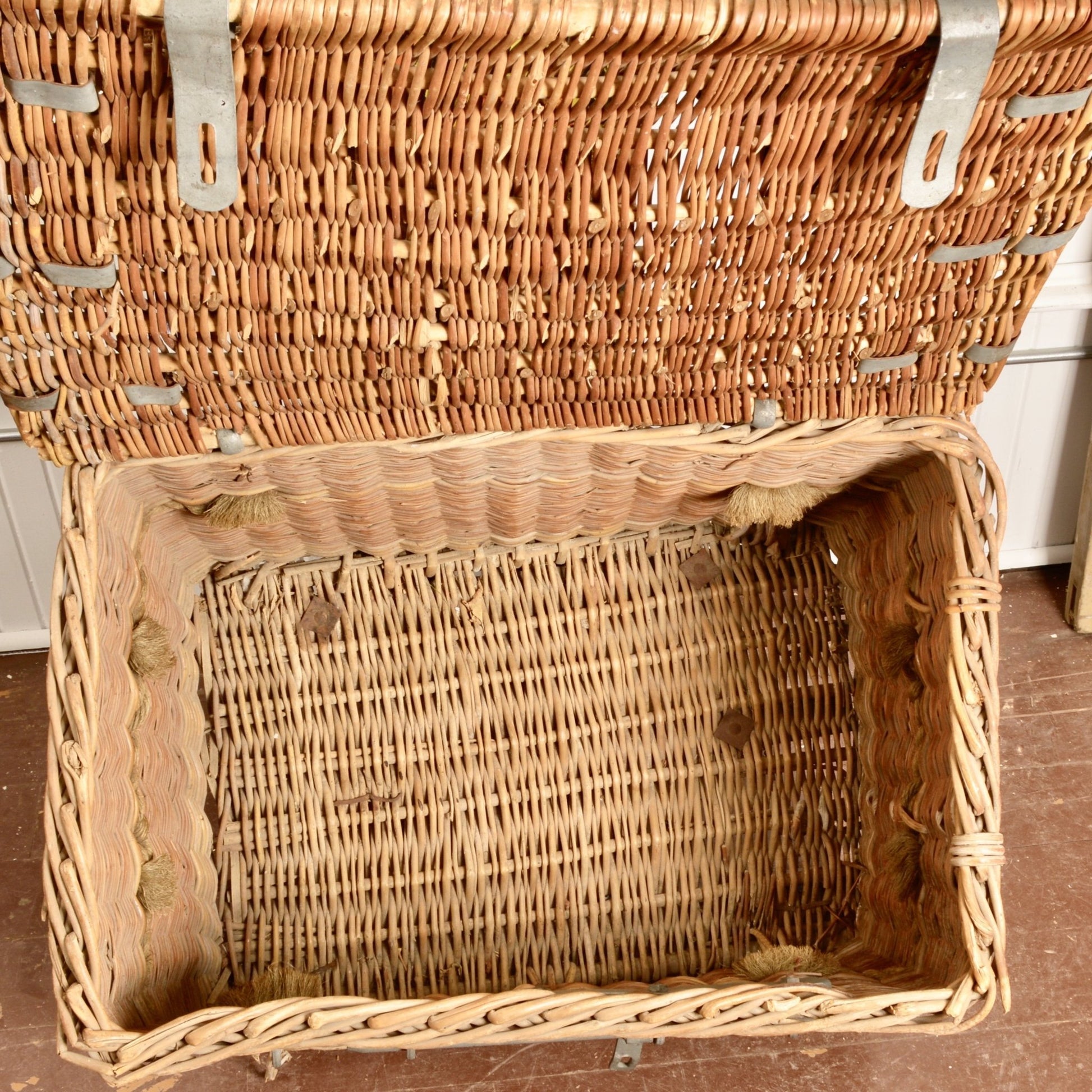 Oversized Wicker Shipping Trunk w. Zinc Plated Hardware - Salvage-Garden