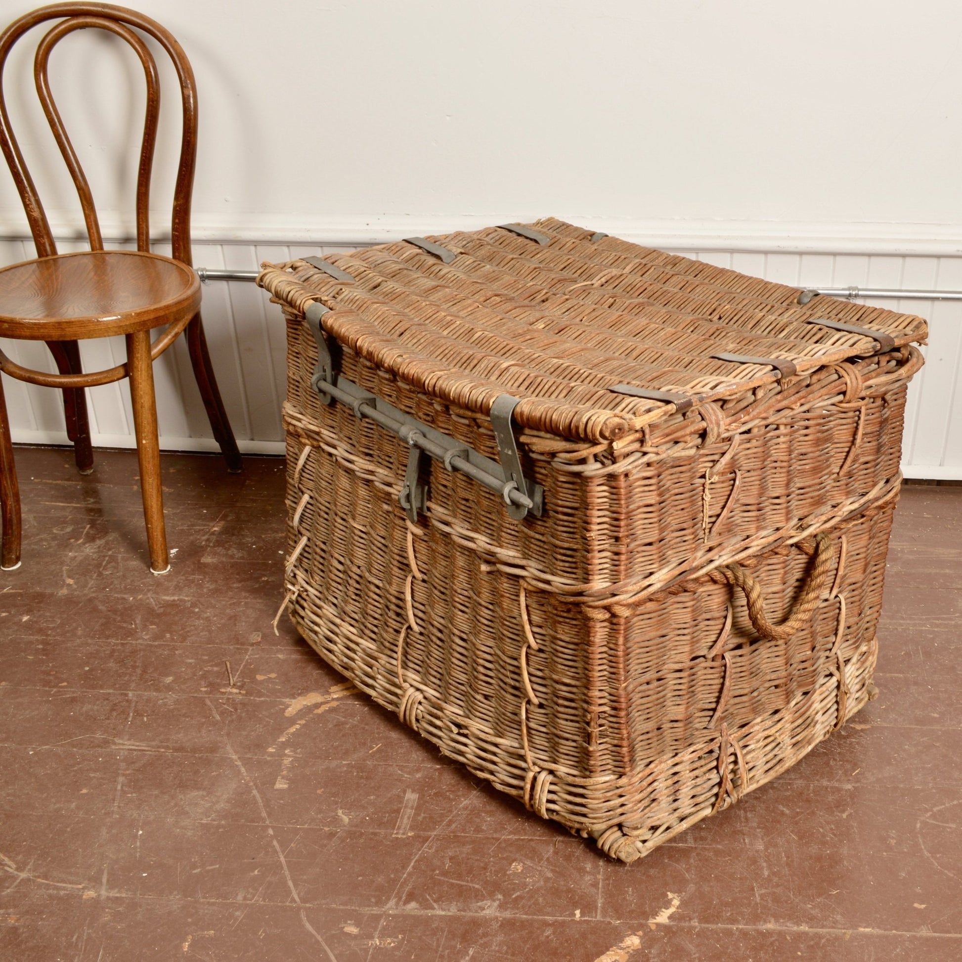 Oversized Wicker Shipping Trunk w. Zinc Plated Hardware - Salvage-Garden
