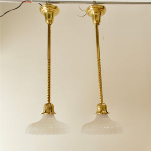 Pair Of Antique Brass Pendants With Moonstone Glass Shades - Salvage-Garden
