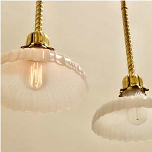 Pair Of Antique Brass Pendants With Moonstone Glass Shades - Salvage-Garden