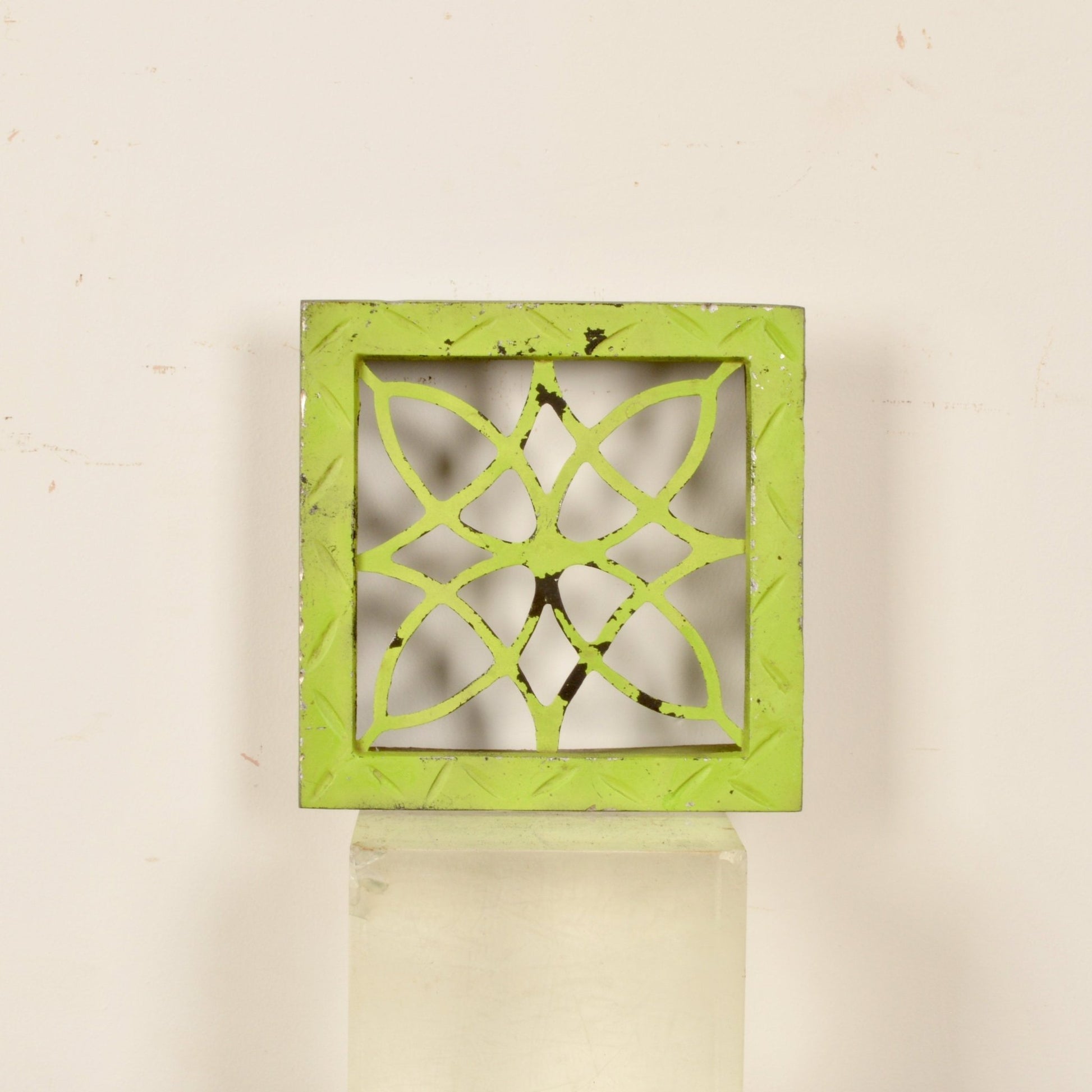 Vintage Aluminum Fireplace Vent Cover in Acid Green Paint - Salvage-Garden