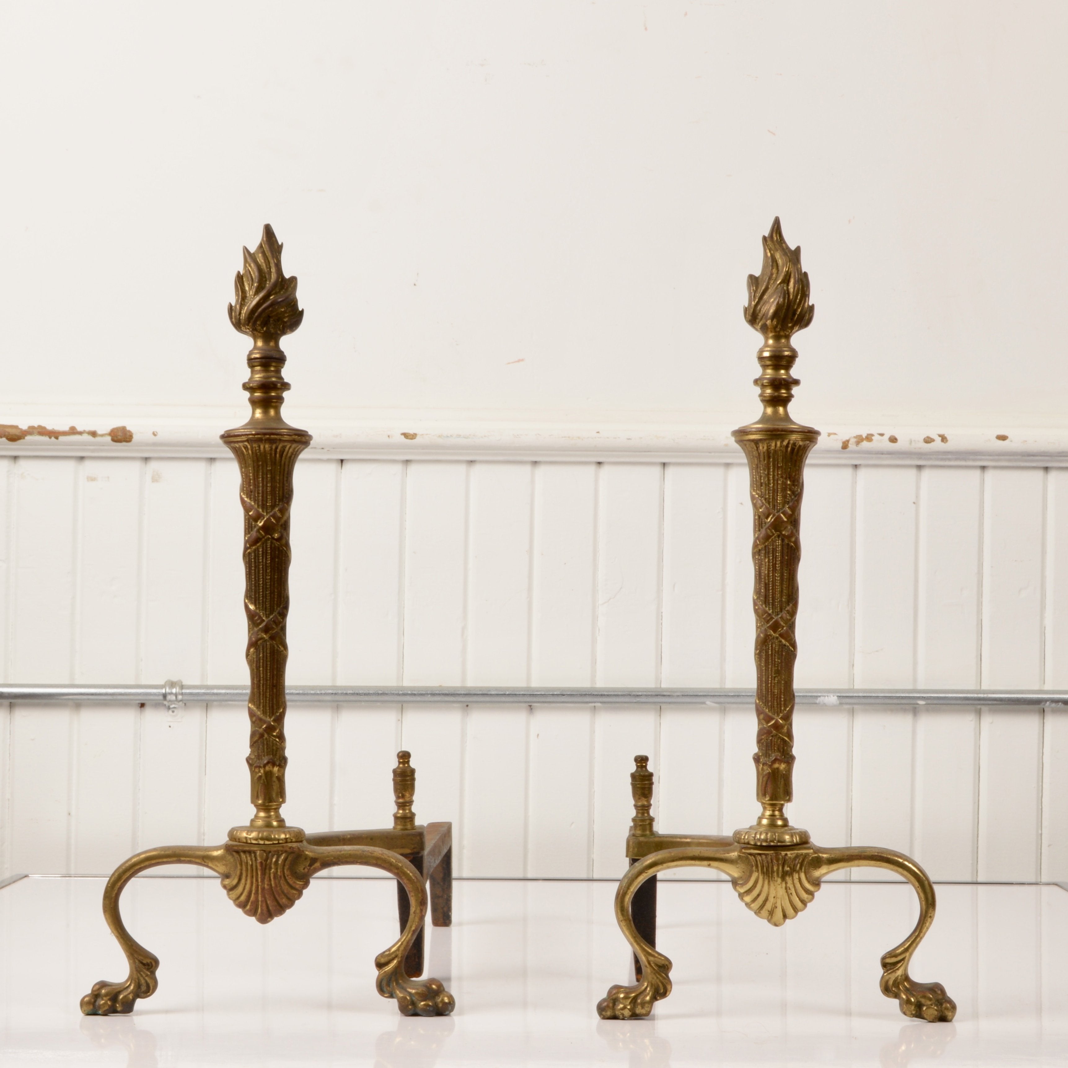 Vintage Brass Andirons With Flame Finials Salvage-Garden
