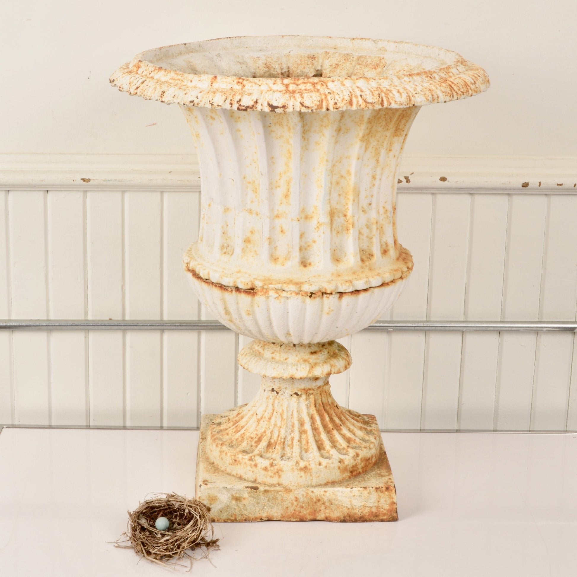 Vintage Cast Iron Garden Urn In Classic Campana Style - Salvage-Garden