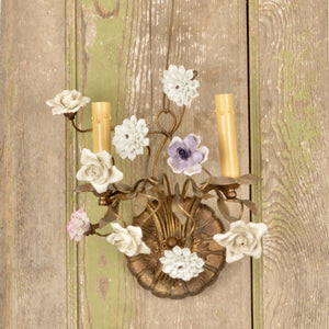 Vintage French Wall Sconces With Porcelain Flowers, Pair Salvage-Garden
