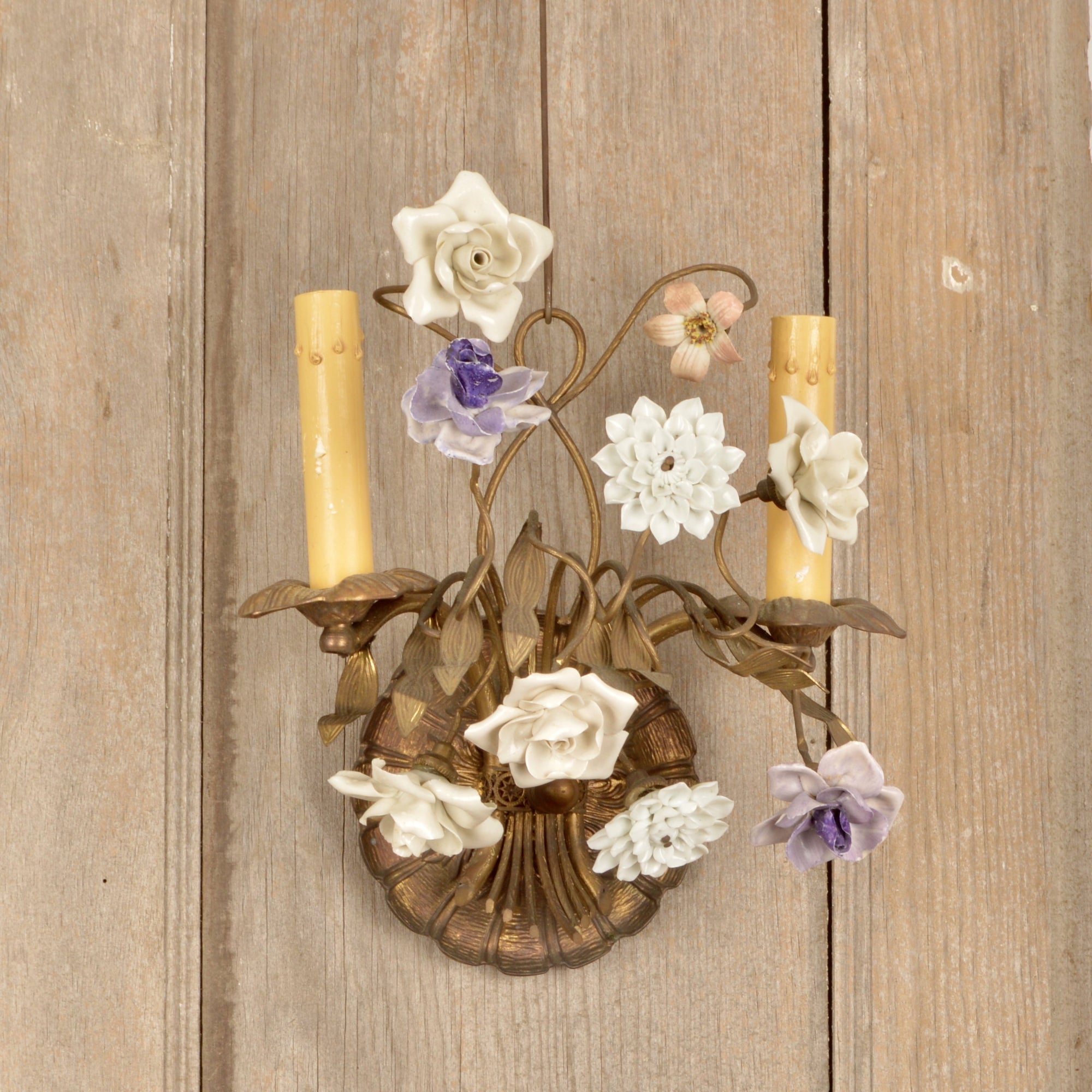 Vintage French Wall Sconces With Porcelain Flowers, Pair Salvage-Garden
