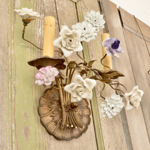 Vintage French Wall Sconces With Porcelain Flowers, Pair Salvage-Garden