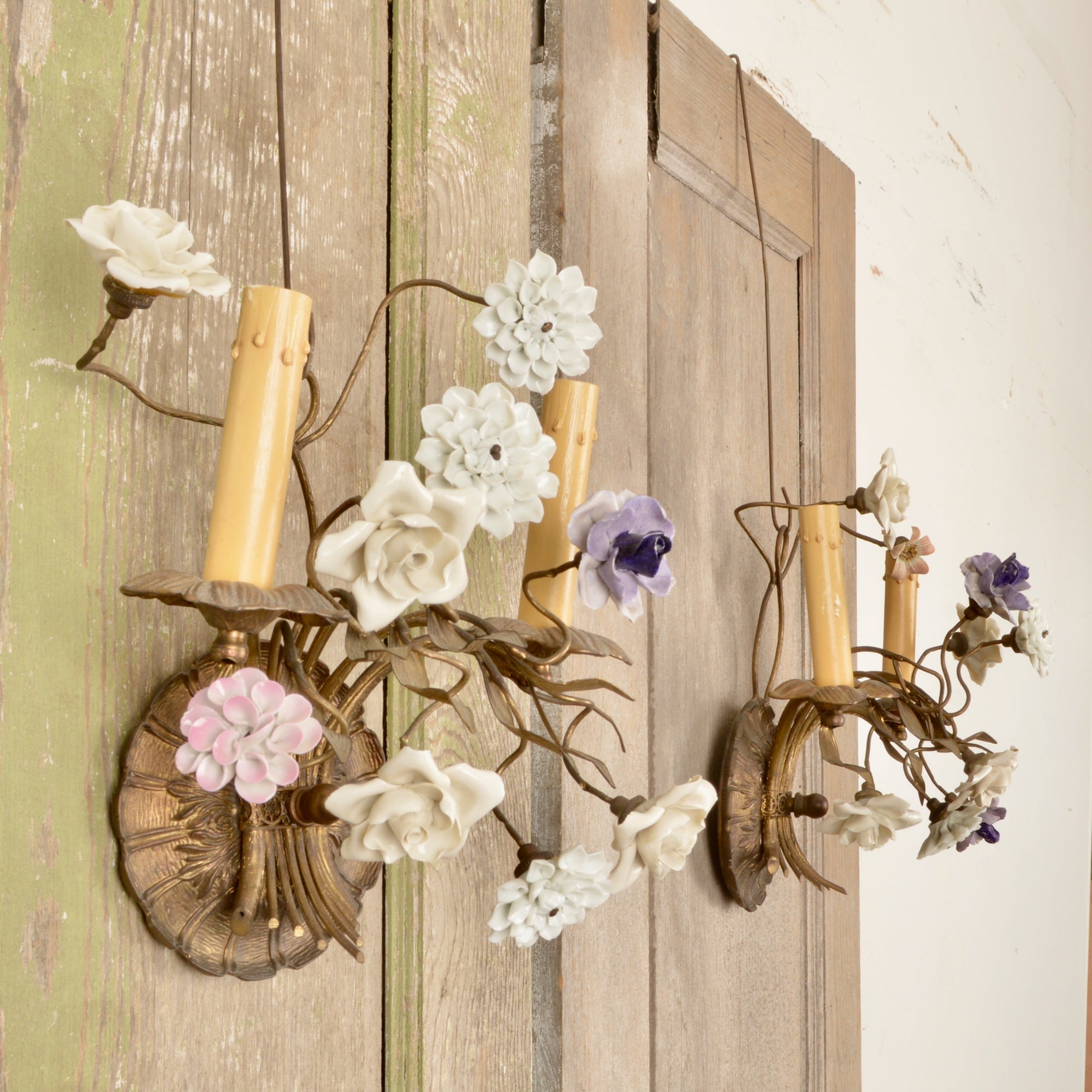 Vintage French Wall Sconces With Porcelain Flowers, Pair Salvage-Garden
