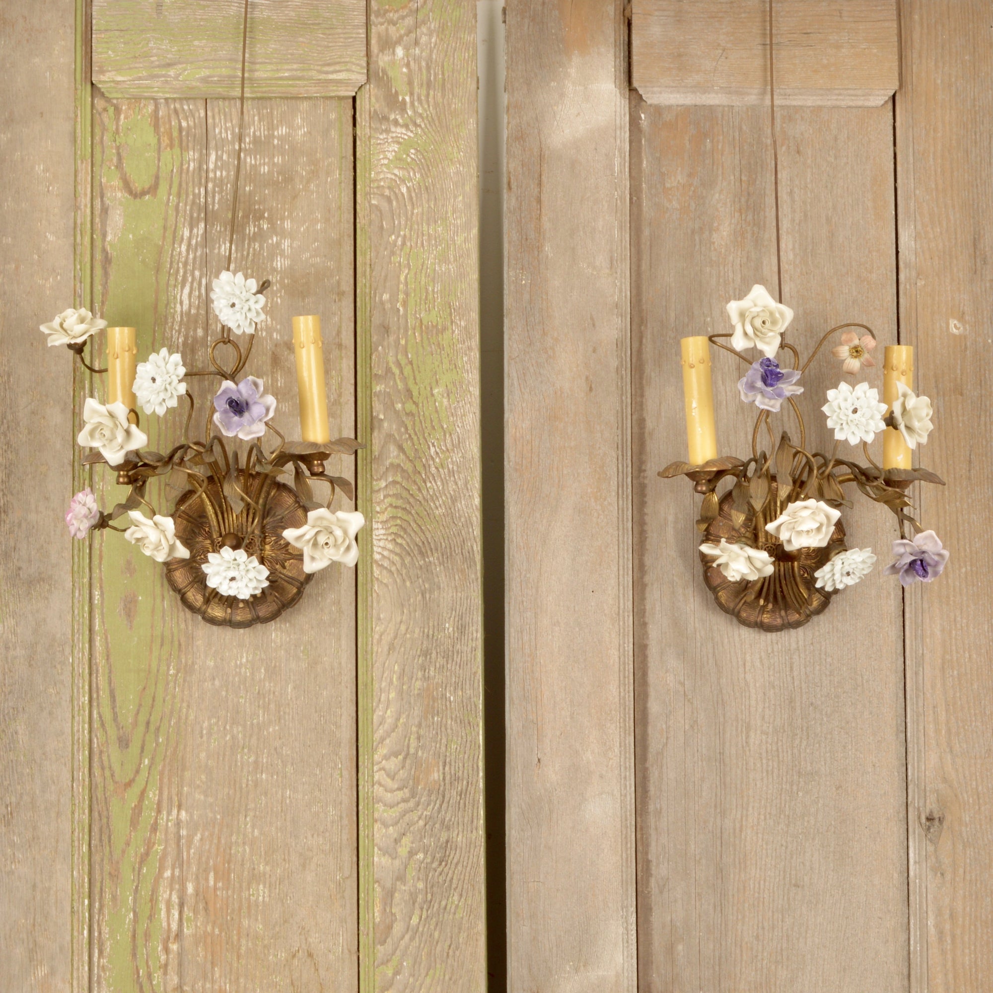 Vintage French Wall Sconces With Porcelain Flowers, Pair Salvage-Garden
