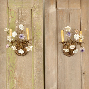 Vintage French Wall Sconces With Porcelain Flowers, Pair Salvage-Garden