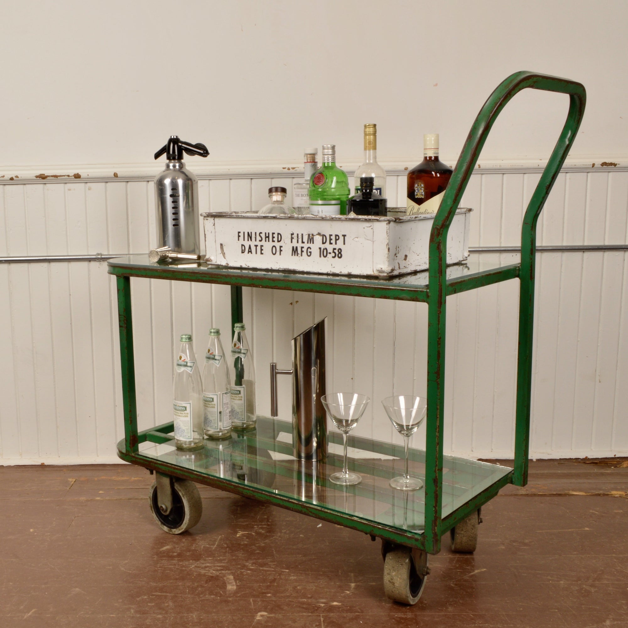 Vintage Steel Industrial Rolling Cart w. Glass Shelves Salvage-Garden